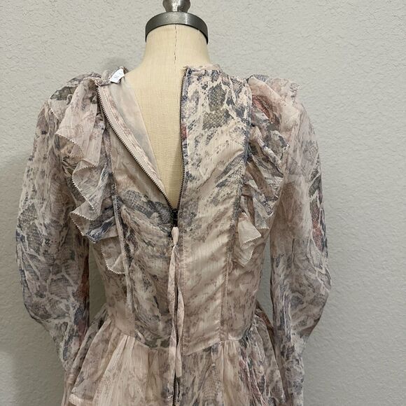 KARLIE Sheer Snakeskin Print Ruffled Blouse Batwing/Flutter Sleeve in Cream - Picture 8 of 12